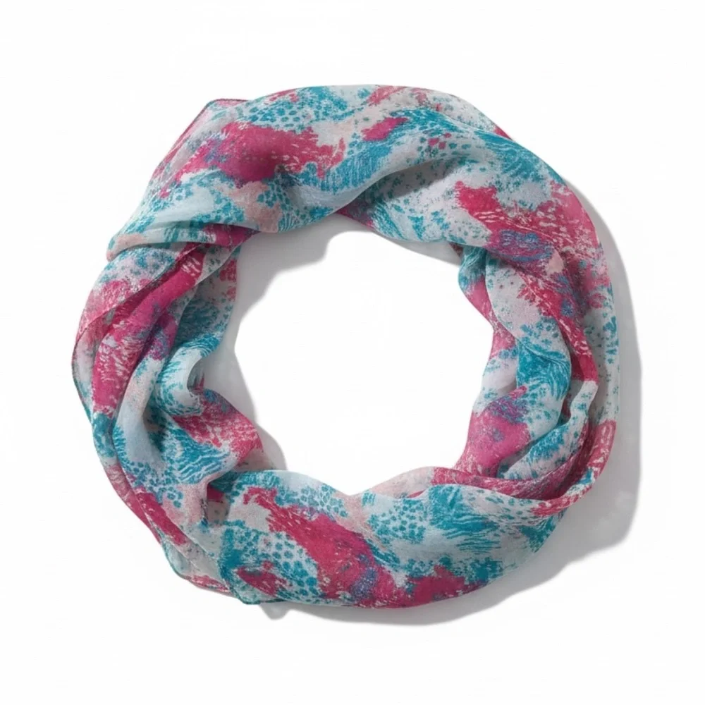 Abstract Print Infinity Scarf Pink Teal Lightweight Sheer Loop Resort Style